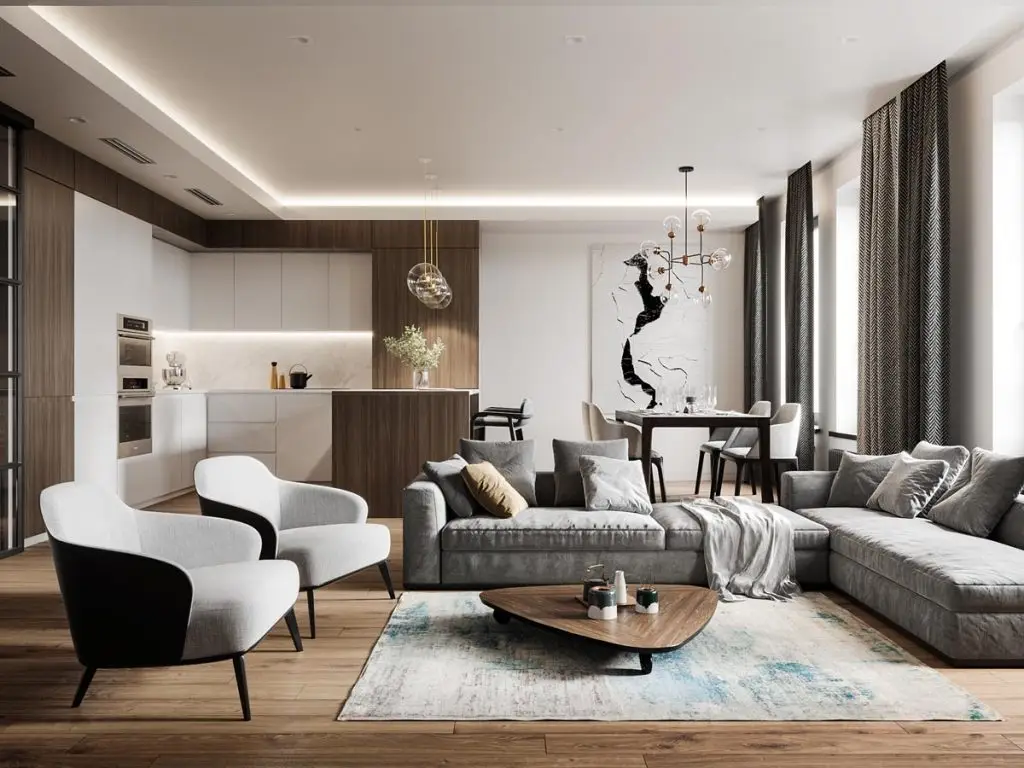 Modern living room and kitchen featuring warm neutral paint colors and wood accents by a painter in Nantucket, MA.