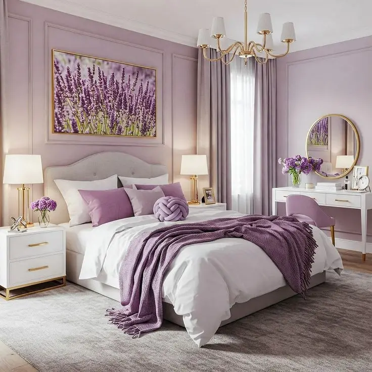Bedroom with soft lavender walls and decorative trim by an interior painter in Dennis, MA.