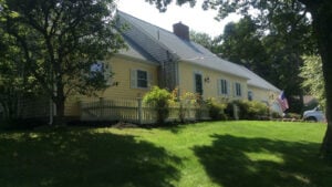 House painted yellow surrounded by greenery