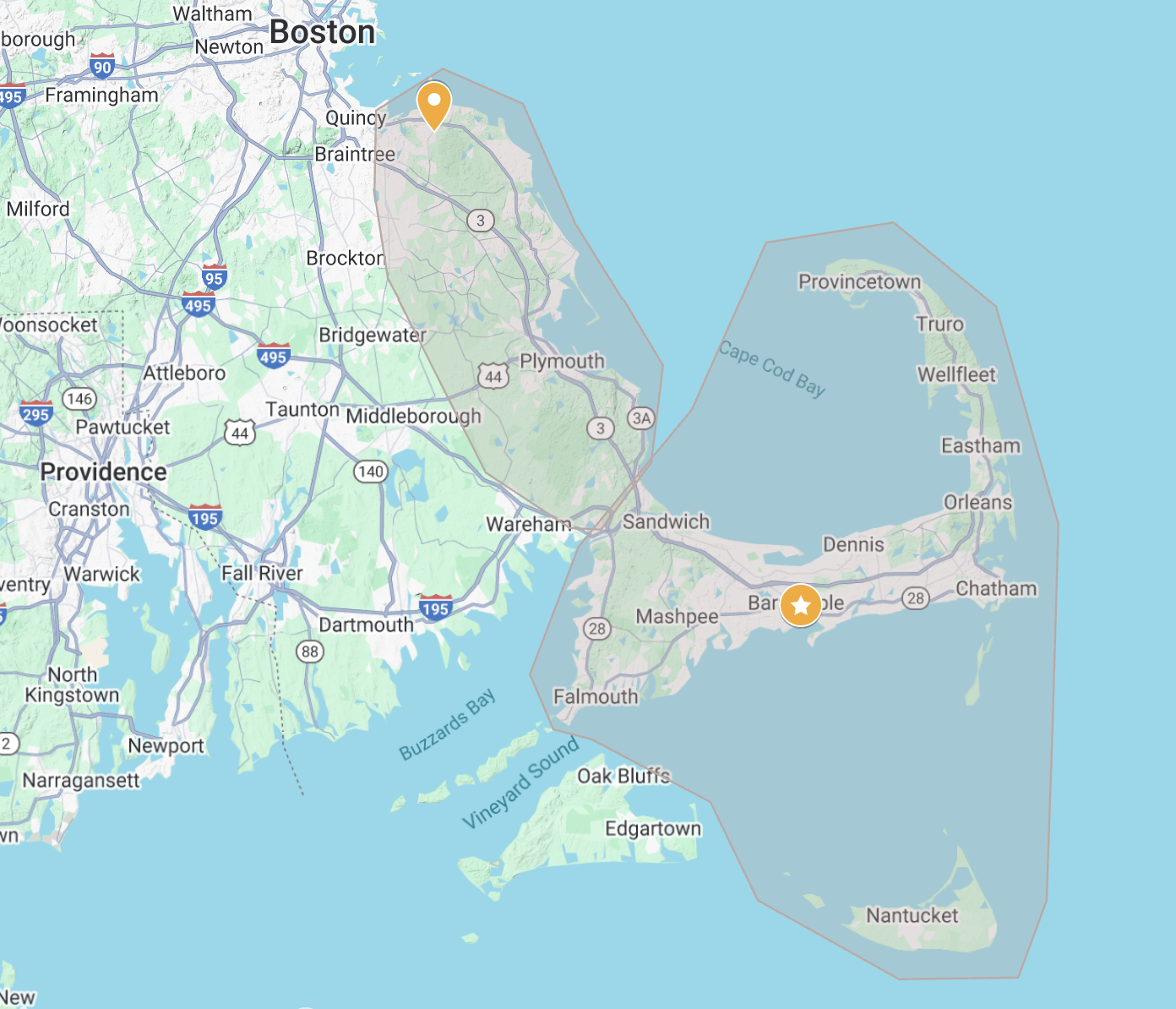 Service area includes the South Shore, Cape Cod, and the island of Nantucket